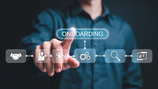 Man touching screen with onboarding process icons