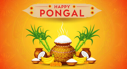 Happy Pongal 3d decorative poster during pongal festival celebration | Pongal Pot Sugar Cane with banana and coconut on happy pongal day | South Indian Pongal Festival