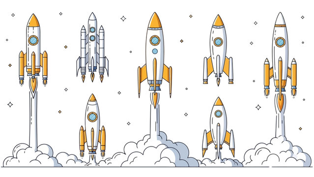 Collection of Rockets Launching into Space with Smoke Trails and Stars Background