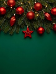 Christmas background with fir branches, red ornaments and string lights for holiday greeting cards, green co