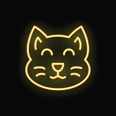 Minimalist vector illustration of a cat face glowing with yellow neon light on a black background