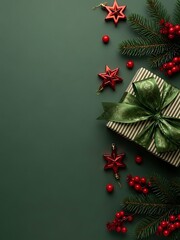 Christmas gift and festive decorations on dark green background for holiday season greeting card