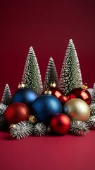 Christmas ornaments and miniature trees for holiday celebration, festive red background