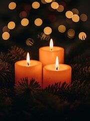 Three lit candles with pine branches for holiday celebration and festive atmosphere, dark bokeh background