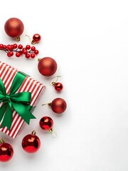 Christmas gift box and red ornaments for holiday season celebration, flat lay on white background