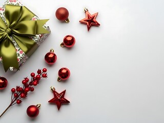 Christmas gift box with red ornaments and berries for holiday celebration, white background flat lay