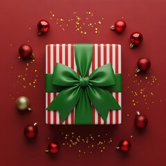 Christmas gift box with red and white stripes and green ribbon, surrounded by festive ornaments on a red bac