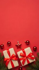 Christmas gifts and ornaments arranged on red background for holiday celebration, festive flat lay