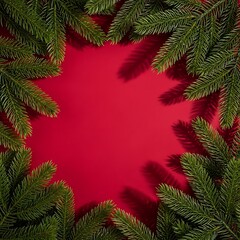 Christmas background with fir branches and red copy space for holiday design, festive frame