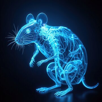Stunning blue x-ray of a rat skeleton, perfect for scientific studies, medical research, or educational materials showing anatomy and biology