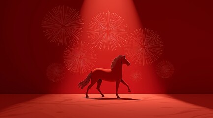 Red Horse Walking on Deep Red Background With White Fireworks, Festive Atmosphere
