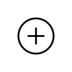 A minimalist black outline plus sign icon enclosed within a circle on a clean white background representing addition or creation