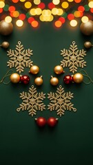 Festive Ornament Arrangement: A charming composition of holiday ornaments, twinkling lights, and golden snowflakes on a rich emerald background evoke the joy and spirit of the season.