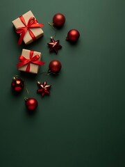 Holiday Joy: A festive collection of wrapped gifts and vibrant red ornaments on a deep green backdrop, perfectly captures the spirit of the season.