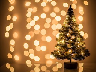 Holiday Cheer: A miniature festive evergreen tree illuminated by string lights, evoking warmth and the spirit of celebration. The backdrop shimmers with soft bokeh lights, creating a warm.