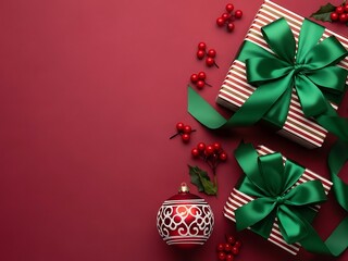 Festive Presents & Berries: Exquisite gift boxes adorned with elegant green ribbons and seasonal berries and baubles on a rich red backdrop create a warm holiday mood.