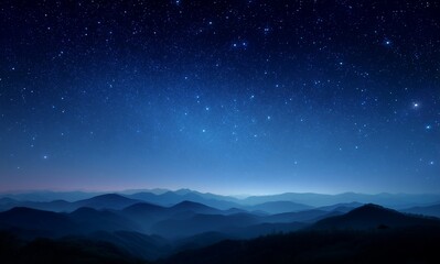 Starry Night Sky Over Rolling Mountains in Serene Blue Tonal Landscape