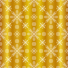 seamless golden textile pattern featuring repeating white geometric snowflake motifs, inspired by traditional fabric design, creating a warm, elegant, and decorative background.Pixel vector