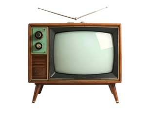 Vintage analog television set with wooden casing and rabbit-ear antenna