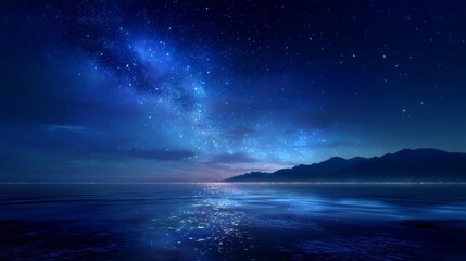 Milky Way Over Tranquil Dark Blue Ocean With Mountain Silhouette and Distant City Lights