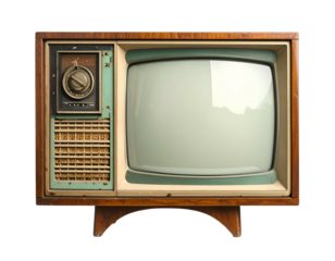 Vintage television with wood frame, analog screen, and knobs