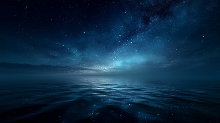 Serene Night Seascape With Misty Horizon, Gentle Ripples and Star Filled Sky With Cloud Veils