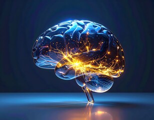 Transparent Glass Brain with Glowing Neural Pathways and Synapses
