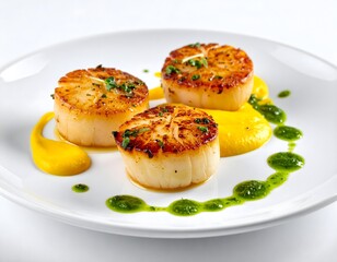 Minimalist Fine Dining Seared Scallops with Herb Oil and Puree