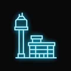 Neon blue icon of an airport terminal building with a control tower, evoking travel and aviation