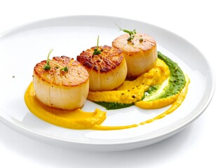 Minimalist Fine Dining Seared Scallops with Herb Oil and Puree