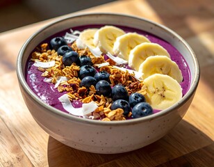Vibrant Acai Smoothie Bowl with Banana and Granola Flat Lay