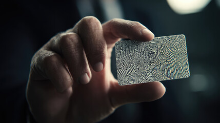 Close-up of hand holding a card with biometric fingerprint.