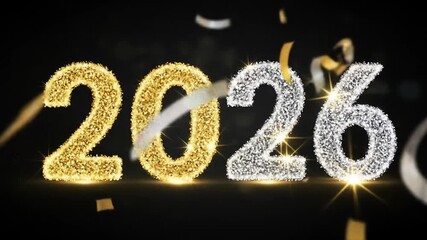 Happy New Year 2026 Sparkling on Black Background, Celebrating the Coming Year with Festive Luxury and Elegance. 4k videos