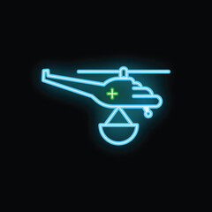 Glowing neon icon of medical helicopter carrying first aid supplies, suitable for use in healthcare projects