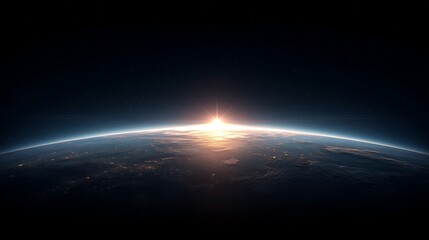 Earth From Space With Sunlit Atmosphere, Cloud Layers and City Lights Under Starry Black Sky