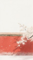 Cherry Blossom Branches Extending Toward Traditional Red Wall, Ink Wash Style Spring Illustration