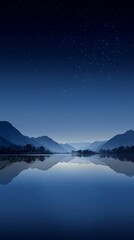 Tranquil Night Lake Reflecting Star Filled Sky and Distant Mountain Silhouettes Under Deep Blue Hues