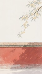 Chrysanthemum Branch With White-Yellow Flowers Against Vermilion Wall and Architectural Eave, Soft Light