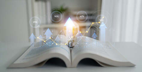 An open book displays digital growth indicators, symbolizing the fusion of learning and technology,...