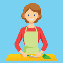 A smiling woman in an apron cutting vegetables on a cutting board, illustration