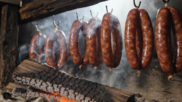 Sausages hanging and smoking in a rustic wood fire