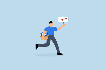 Quit full time job, businessman with stuff with quit job sign.