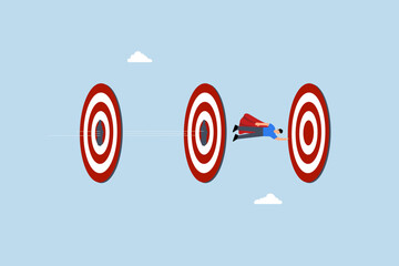 Power to reach targets, businessman superhero flying breakthrough target bullseyes.