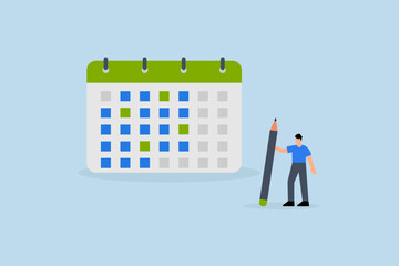Calendar schedule, businessman hold pencil thinking with calendar schedule plan.
