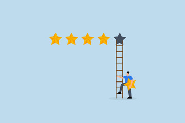 businessman holding 5th star climb up ladder to put on best rating.