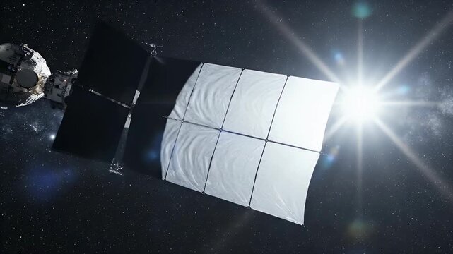 Spacecraft with solar sail catching sunlight in deep space