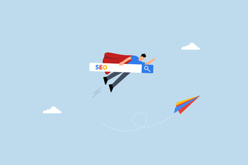 businessman superhero flying high with SEO search box.