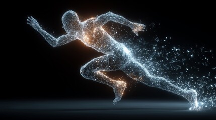 Abstract Running Wireframe Figure With Neon Glow and Trailing Energy Particles on Black