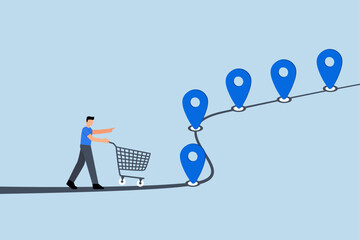 Customer journey, man with trolley shopping cart on customer journey map.