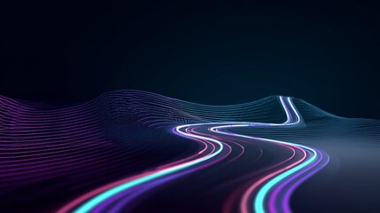 Dynamic Abstract Data Flow With Sinuous Neon Cyan and Magenta Path Over Layered Purple-Blue Lines